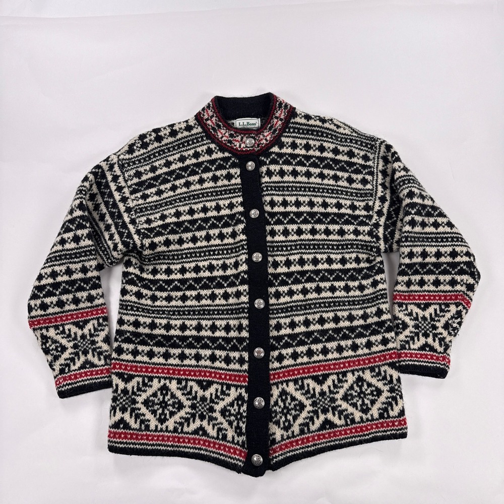 Vintage LL Bean Womens Sweater S Fair Isle Nordic Button Front Cardigan Wool USA